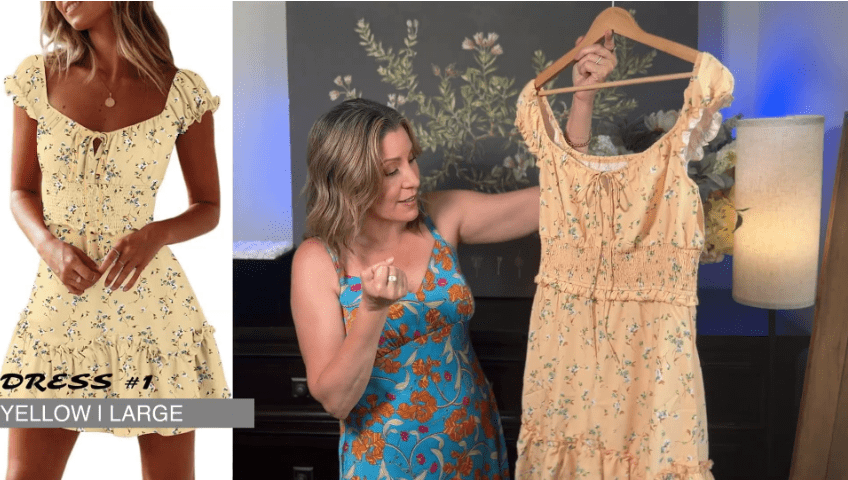A woman in a blue floral dress holds a yellow floral dress on a hanger, examining it closely. Next to her, an image showcases a model wearing the same yellow summer dress with short sleeves and a tie detail, labeled Dress #1 Yellow | Large. Perfect for an Amazon comprehensive review.